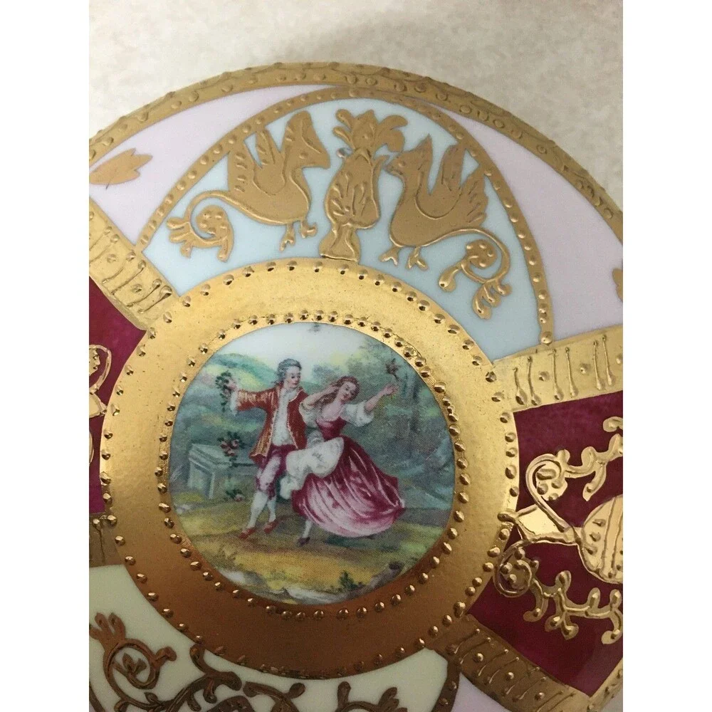 Vintage Fine Porcelain Gold Multi Color Victorian Couple Round Trinket Box 4.5